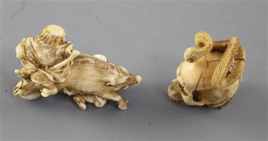 Two Japanese ivory netsuke, Meiji period, 3.5cm, crack to ivory